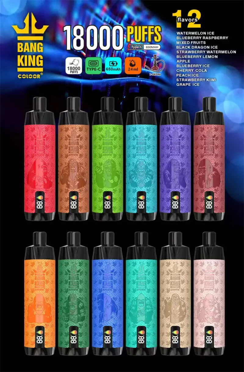 Bang King Shisha 18000 Puffs DTL Vízipipa eldobható Vape kijelzővel 18K Puffs Vape Pen Elektronikus Cigaretta Nagyker Vape Pen Tömeges Vásárlás 12 Flavors Big Cloud Type -C (2)