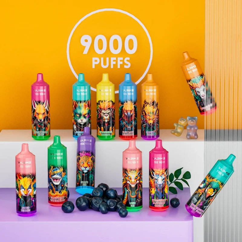 Vapme Fire 9000 Puffs 18 saveurs en stock avec 650 mAh 18 ml pré-rempli 0% 2% 3% 5% Stylo vape jetable en gros avec lumière RBG (1)