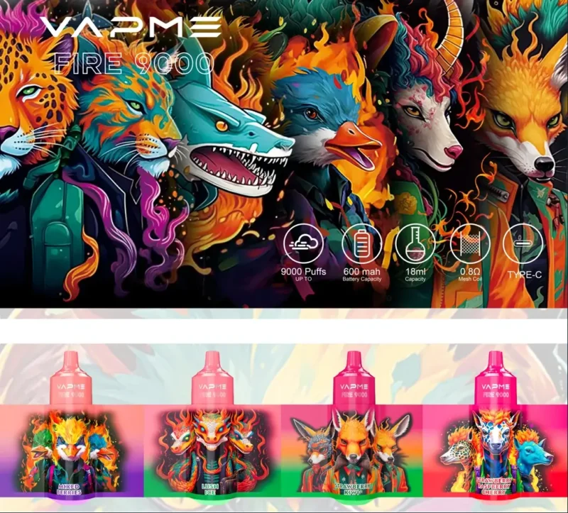 Vapme Fire 9000 Puffs 18 saveurs en stock avec 650 mAh 18 ml pré-rempli 0% 2% 3% 5% Stylo vape jetable en gros avec lumière RBG (15)