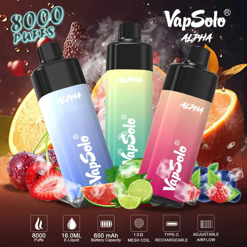 Vapsolo Alpha 8000 Puffs Vapsolo Alpha 8000 Puffs engångspenna med nätspole och justerbart luftflöde LCD-skärm Bulk Köp från Kina Factory (1)