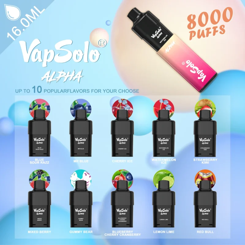 Vapsolo Alpha 8000 Puffs Vapsolo Alpha 8000 Puffs engångspenna med nätspole och justerbart luftflöde LCD-skärm Bulk Köp från Kina Factory (8)