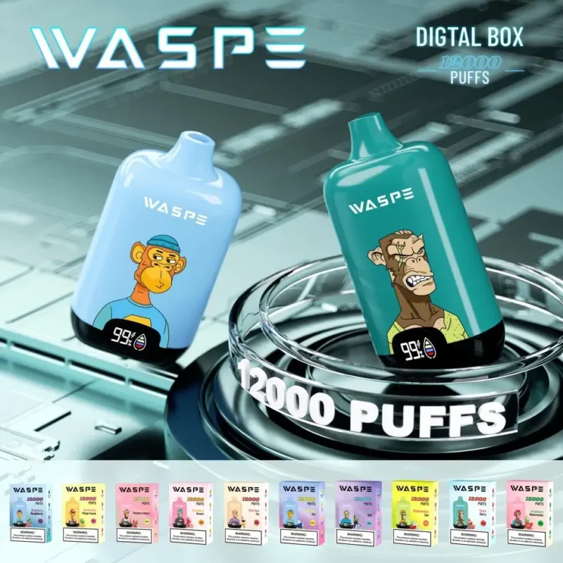 Оптовая продажа Waspe 12000 Puffs Цифровая коробка Одноразовая ручка для вейпа с ЖК-дисплеем Емкостью 20 мл Сетчатая катушка Несколько уровней никотина 0% 2% 3% 5% (5)