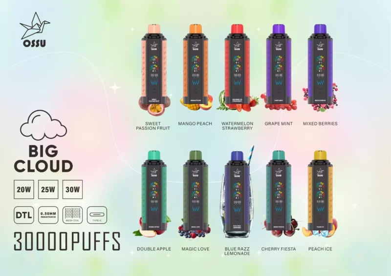 OSSU 30000 Puffs Vape descartável no atacado Comprar Bulk recarregável 0% 2% 3% 5% Tela inteligente digital com baixo teor de nicotina 2024 quente (1) (2)