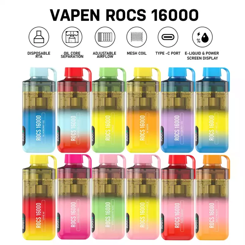 VAPEN ROCS 16000 PUFFS Ladattava 2% 5% Vähän nikotiinia sisältävä uudelleentäytettävä öljy Osta Bulk Tukku Kertakäyttöinen Vape Kiina Alkuperäinen Tehdaskuljetus (2)